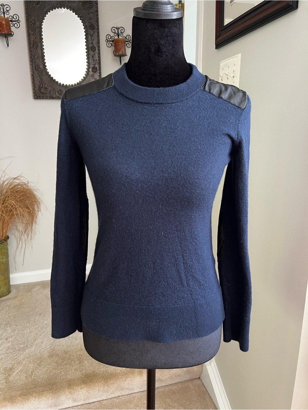 Kate Spade Navy Wool Leather Patch Sweater Tagged M Fits XS